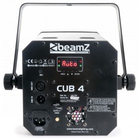 Achterkant, aansluitingen Beamz Pro Cub4 II - 2x10W Quad LED+64 RGB LED DMX display