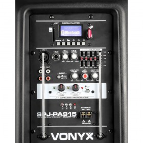 Vonyx SPJ-PA915 - Mobiele Geluidsset ABS 15" USB/SD Speler en 2x VHF mic. (170.080) aansluitingen