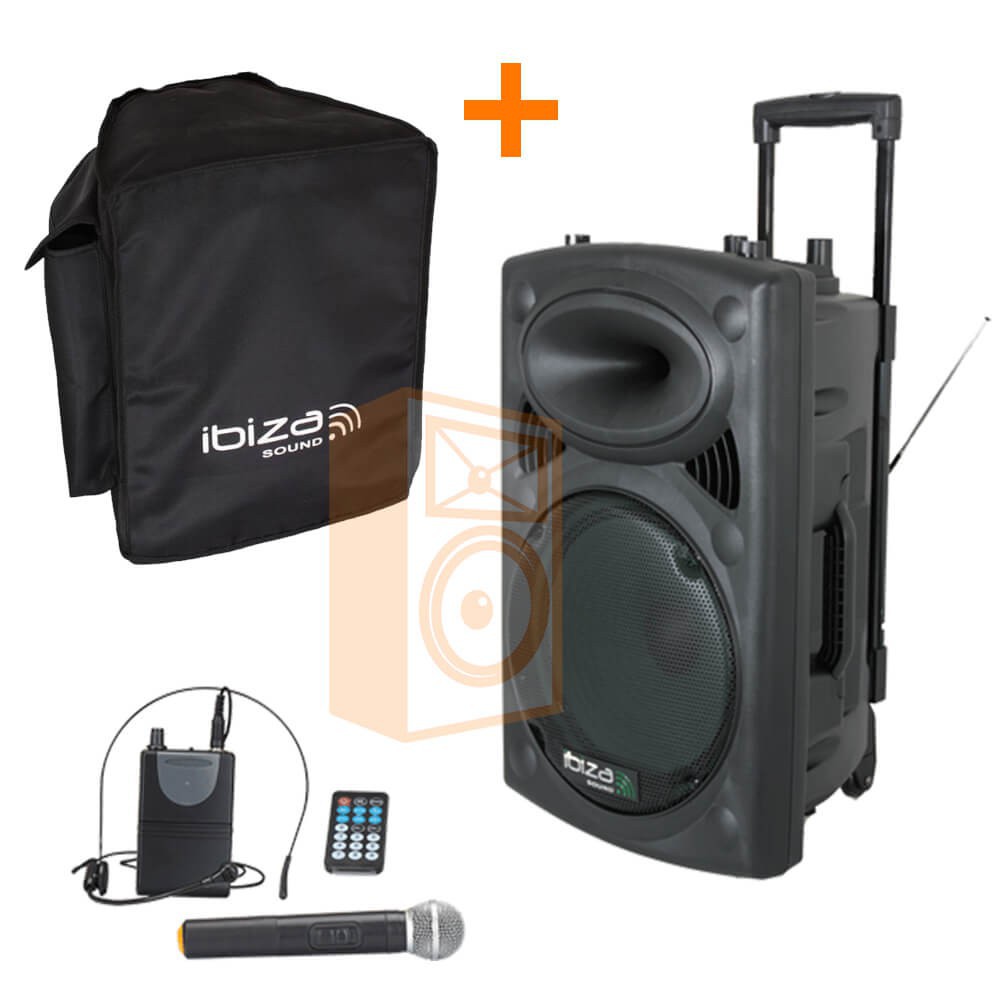 IBIZA Sound PORT12VHF-BT 12" Mobiel Pa systeem met USB en Bluetooth + hoes set