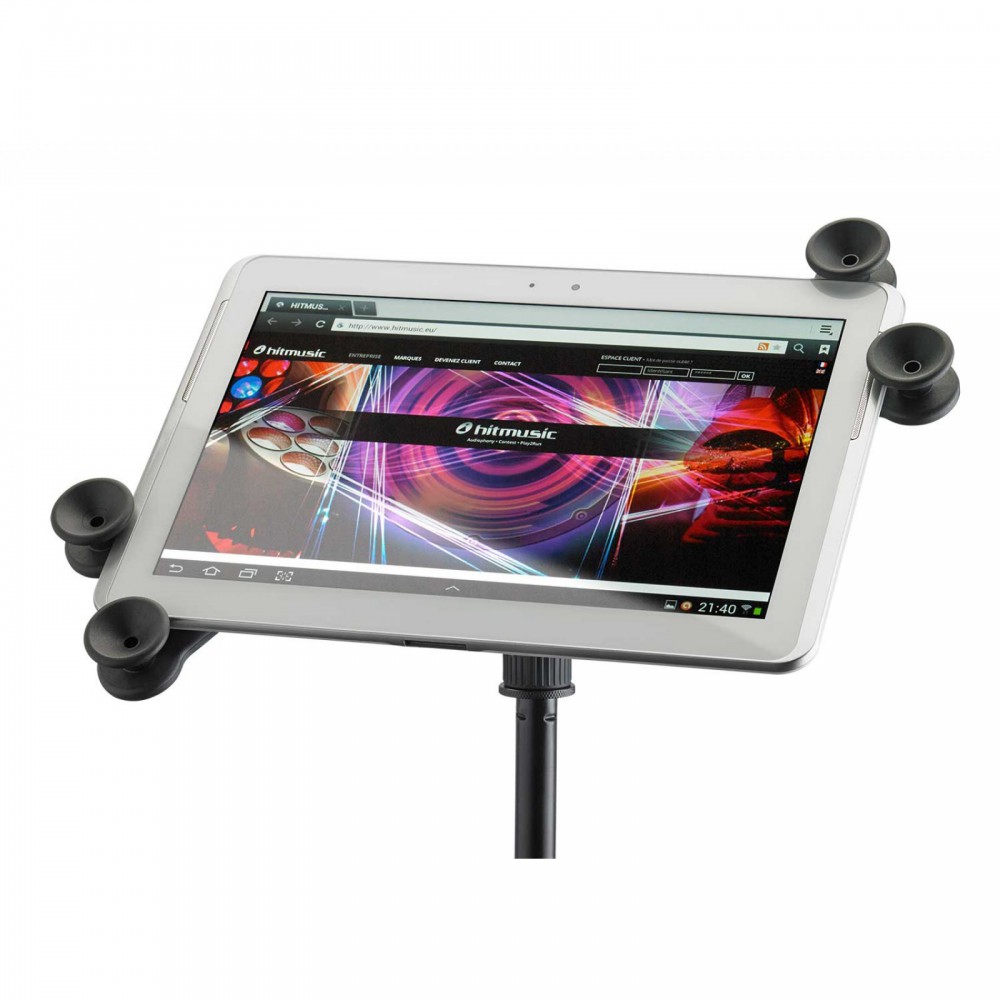 Voorkant van de hilec Media2 tablet / ipad houder voor microfoonstandaard