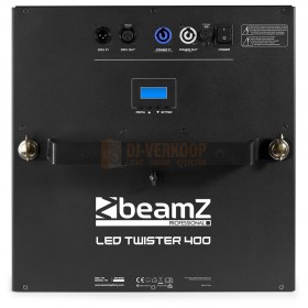 Aansluitingen achterkant BeamZ LED Twister 400 ventilator RGB DMX