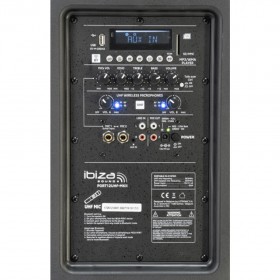 aansluitingen, mp3 speler en display Ibiza Sound PORT12UHF-MKII - 12" Draadloze mic, USB en Bluetooth