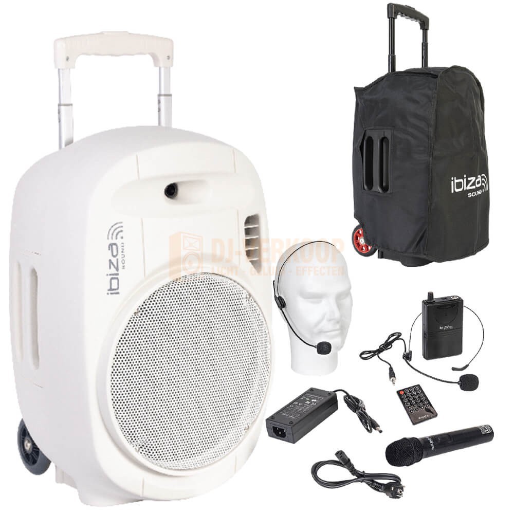 Ibiza Sound PORT12UHF-MKII-WH 12” Mobiel alles is een geluidsysteem met draadloze mic, USB en bluetooth - wit