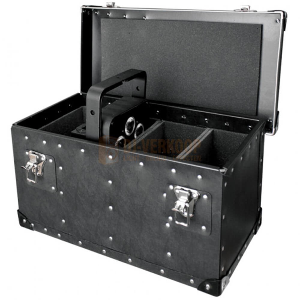 Openstaande handige zwarte koffer met vier opbergvakken voor o.a. led verlichting.