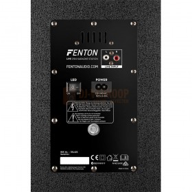 Fenton LIVE2104 - Karaoke Station on Wheels 2x 10”  achterkant aansluiting stroom kabels/ audio kabels