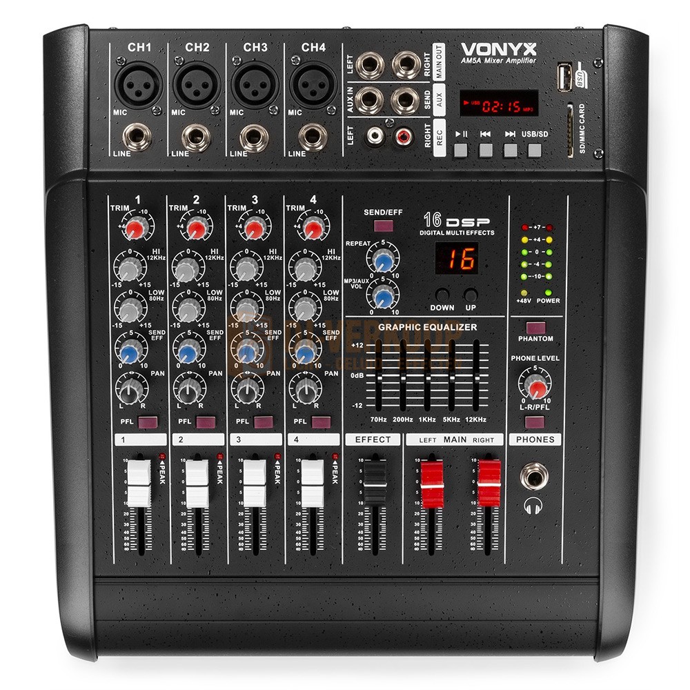 Vonyx AM5A - 5-Kanaals Mixer met versterker BT/SD/USB/MP3/DSP